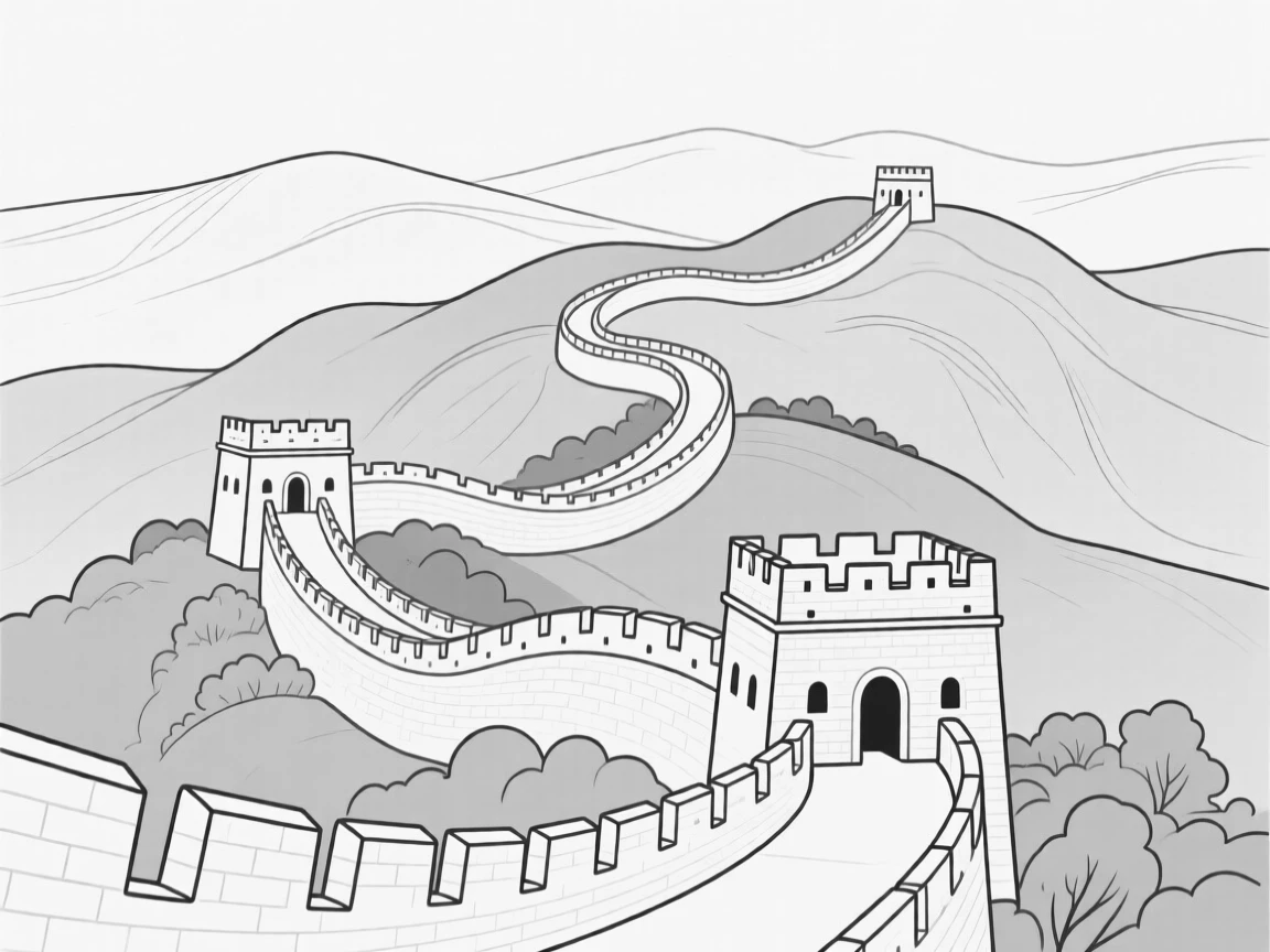A famous ancient wall winding across distant green hills