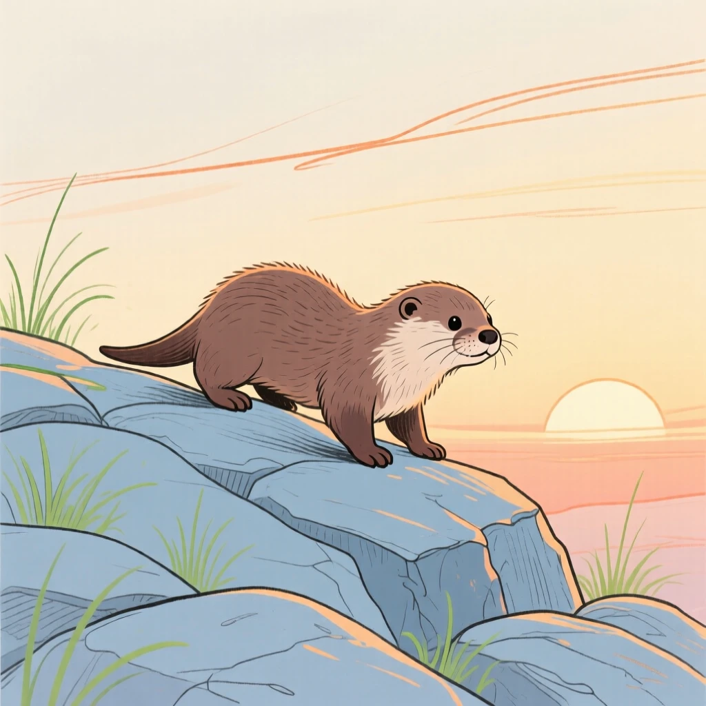 A baby otter wandering on a rocky hillside at sunrise.