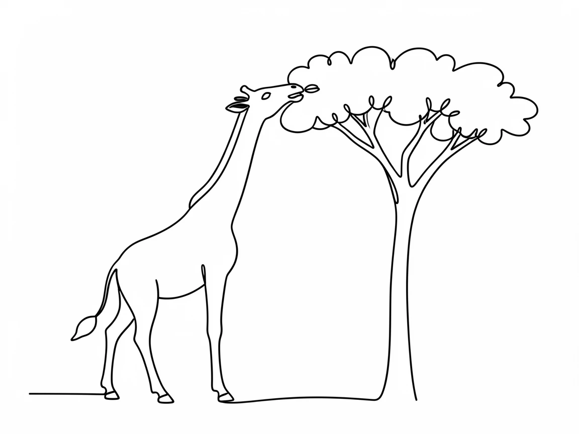 A giraffe stretching its long neck to reach leaves at the top of an acacia tree
