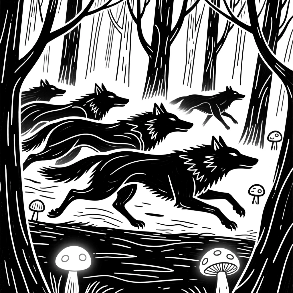 A pack of magical wolves running through a forest lit by glowing mushrooms.