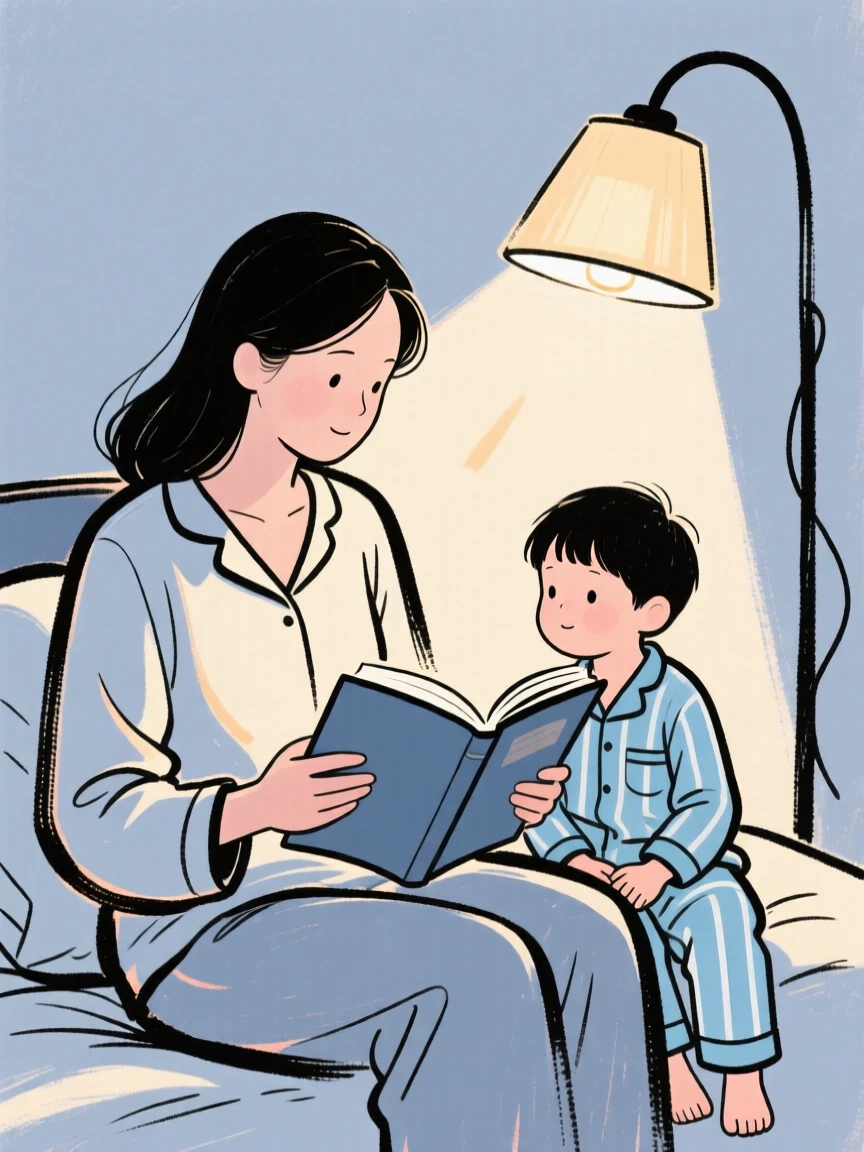 A mother reading a bedtime story to her child under a soft lamp.
