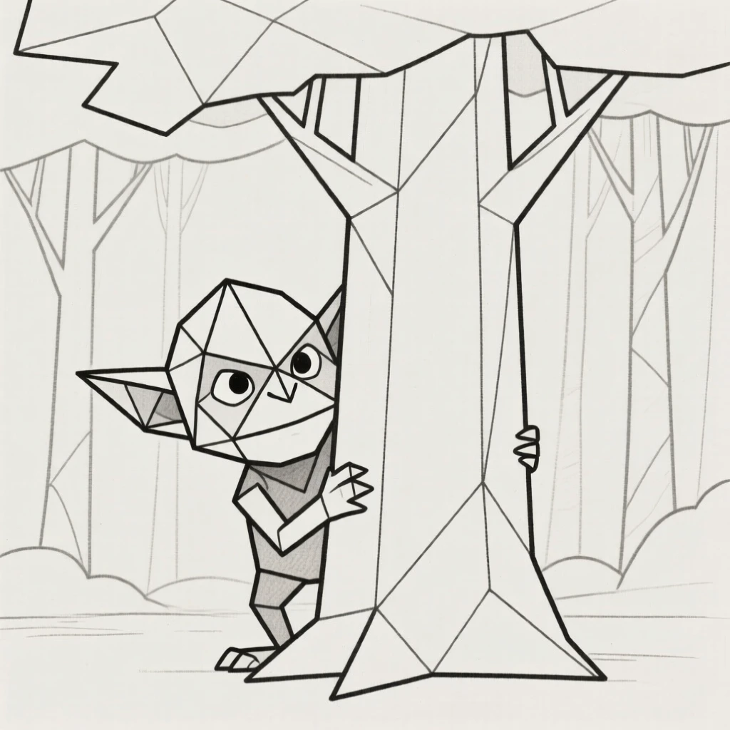 A goblin peeking out from behind a forest tree