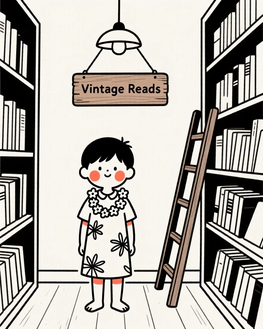 A little boy wearing a traditional Hawaiian lei and dress, exuding gentle warmth, inside a vintage bookstore.