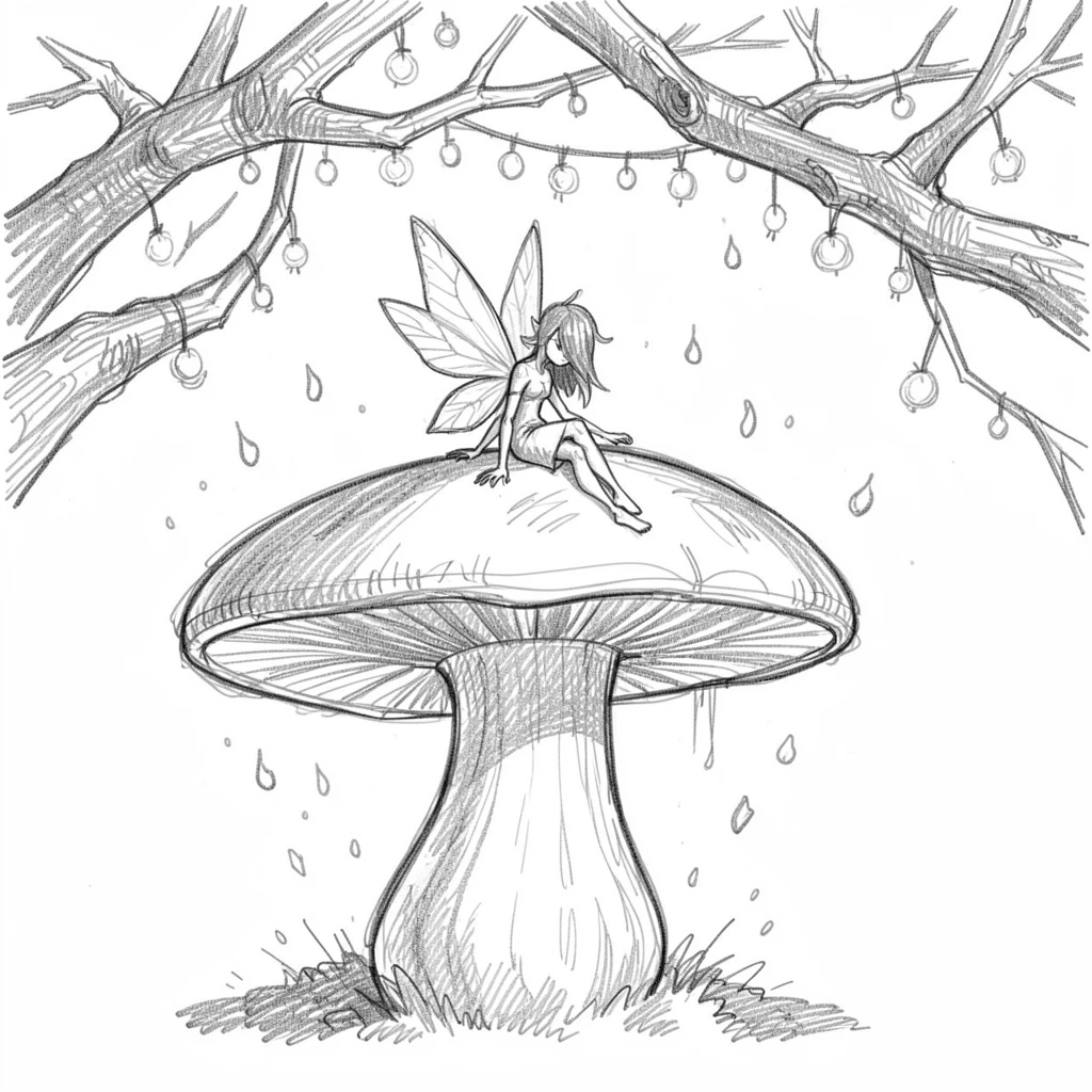 An epic fantasy scene of a fairy resting on a giant mushroom beneath branches strung with fireflies, with embers drifting gently upward.