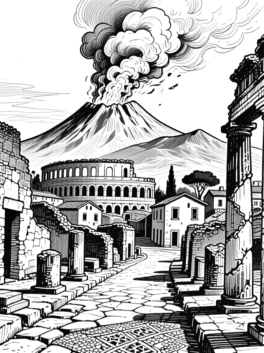 The historic ruins of Pompeii frozen in time beneath a smoking Vesuvius.