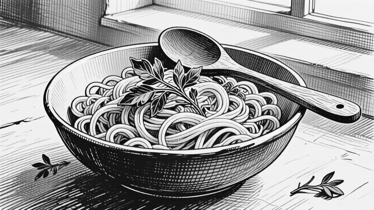 A bowl of fresh pasta with herbs displayed under the soft light of a kitchen window, with a wooden spoon resting on the edge, presented in a richly appetizing culinary still life.