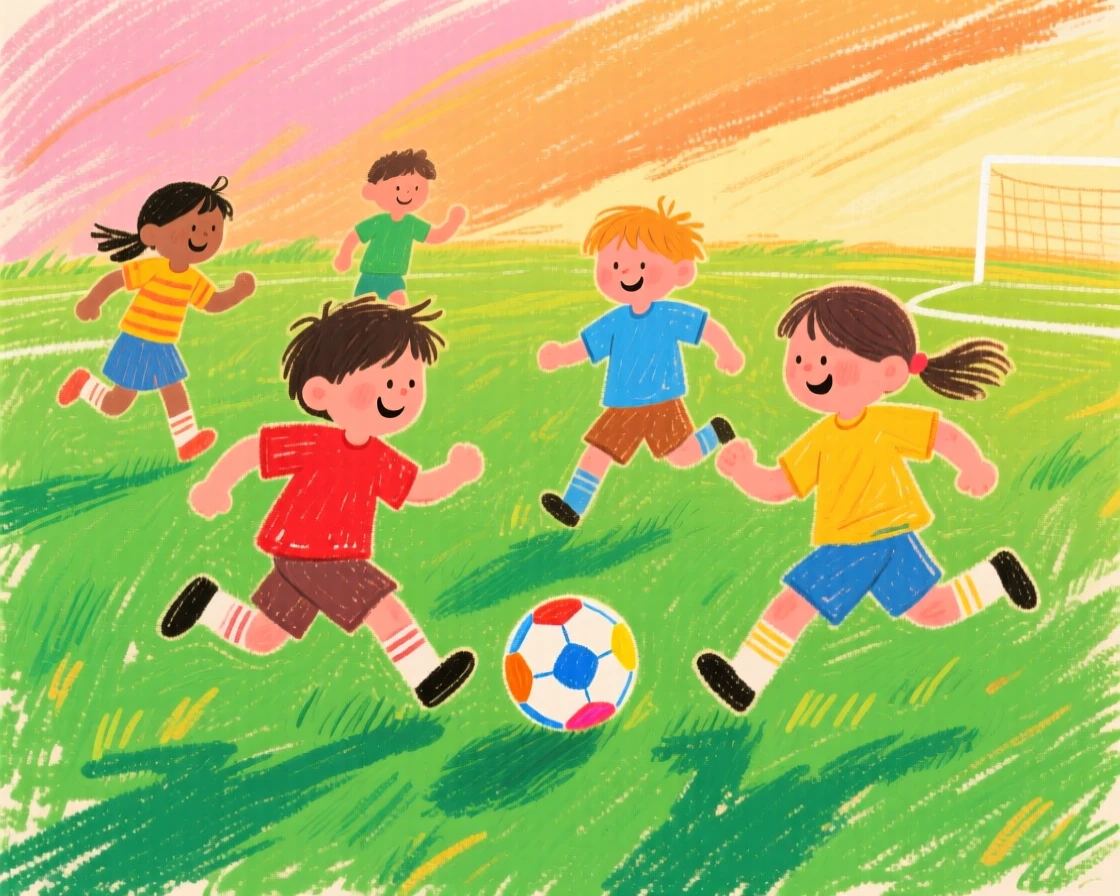 Children playing soccer on a green field at golden hour.