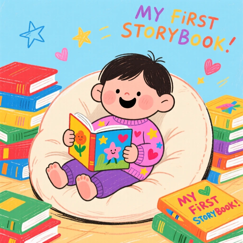 A young reader curled up with a stack of picture books.