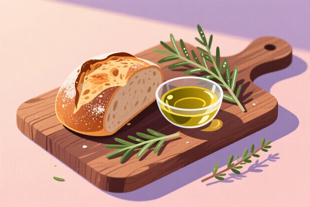 A rustic bread board with olive oil and fresh herbs, set against a soft pastel backdrop, composed with soft natural light enhancing texture, with glossy highlights that make the dish look freshly made.