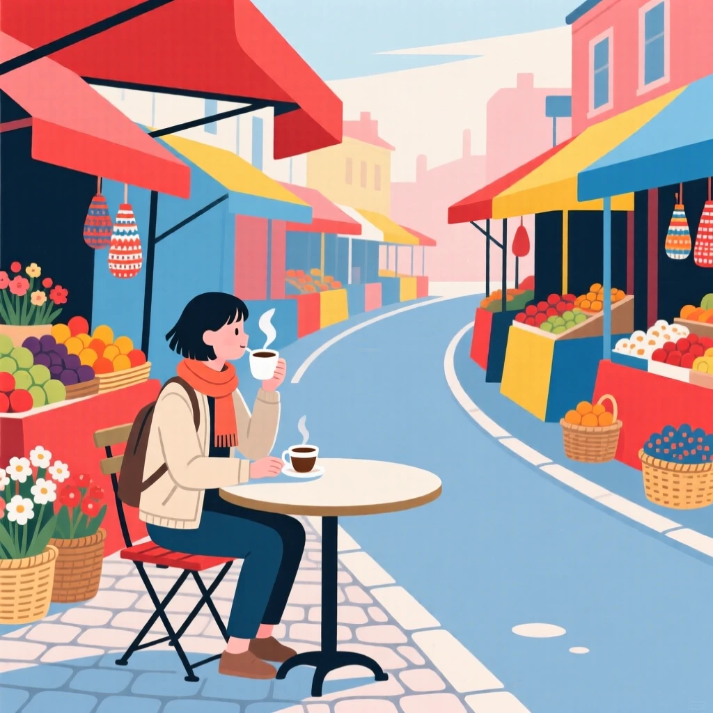 A traveler sipping coffee near a colorful market street.