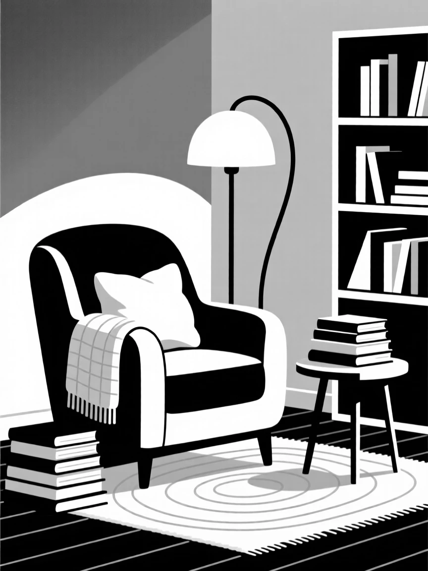 A cozy reading nook filled with soft blankets and books.