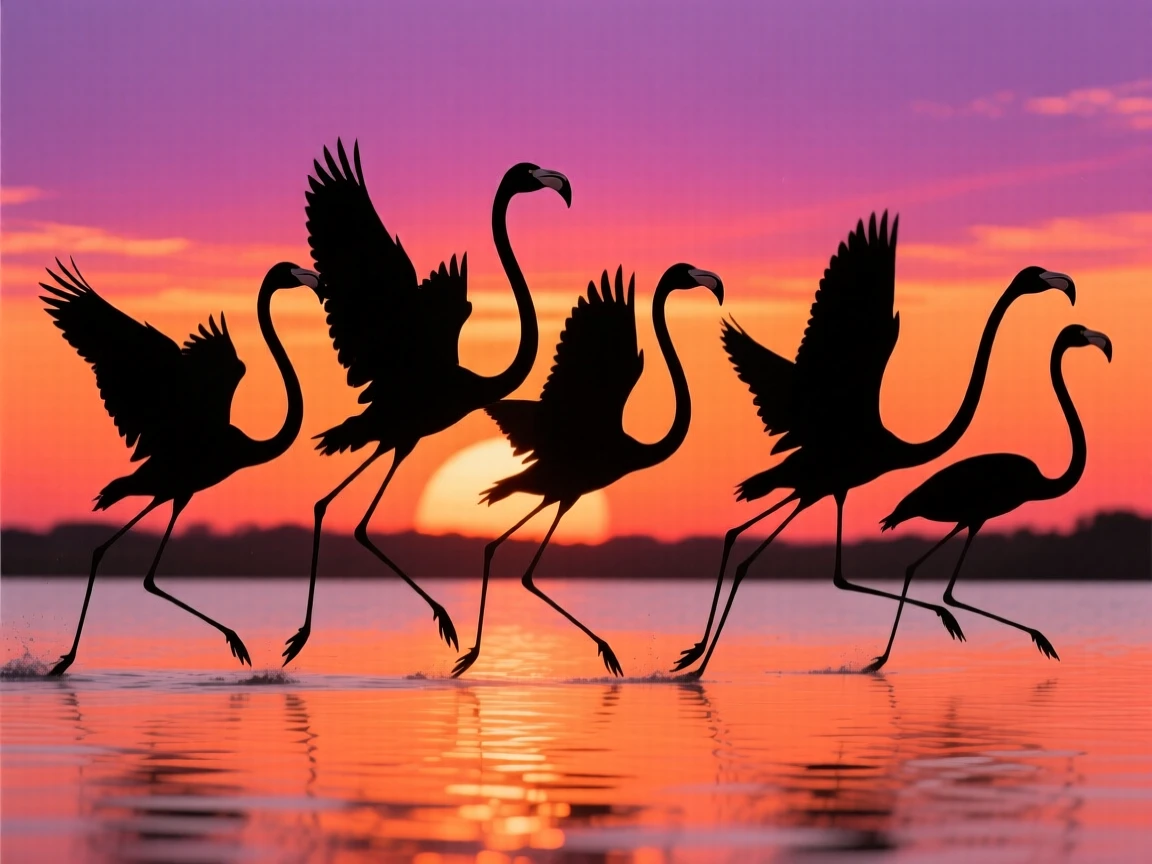 A group of flamingos taking flight together from a shallow lake, wings spread.