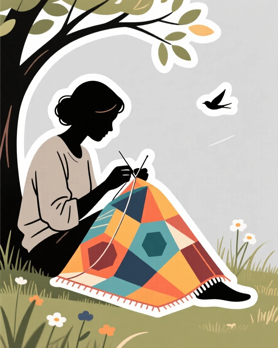 A peacefully immersed quilter stitching together a patchwork blanket, fully immersed in the creative process, outdoors surrounded by fresh air.