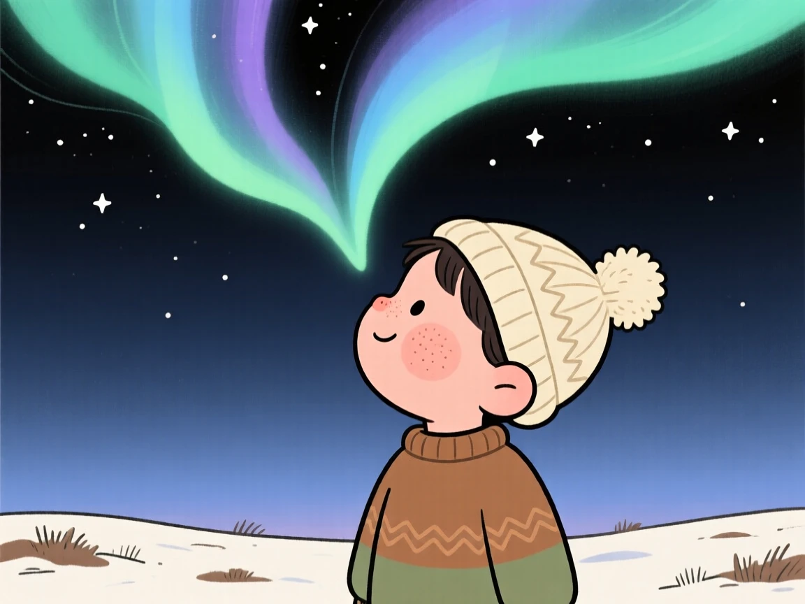 A young child looks up in quiet wonder at the northern lights overhead, a soft smile spreading across their face as a feeling of gratitude settles over the scene.