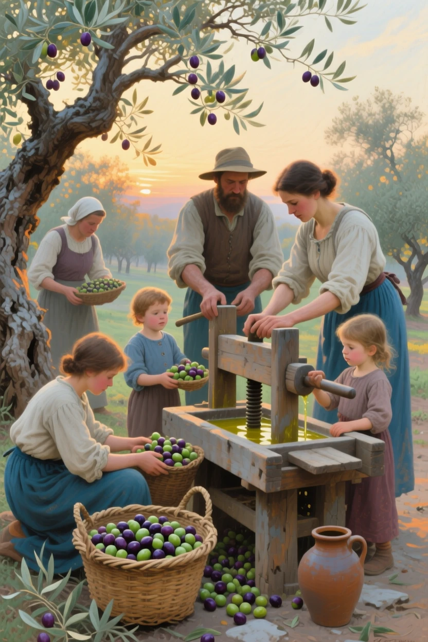 A tightly framed close-up of a family harvesting olives and pressing them into fresh oil, at dawn, in late spring.