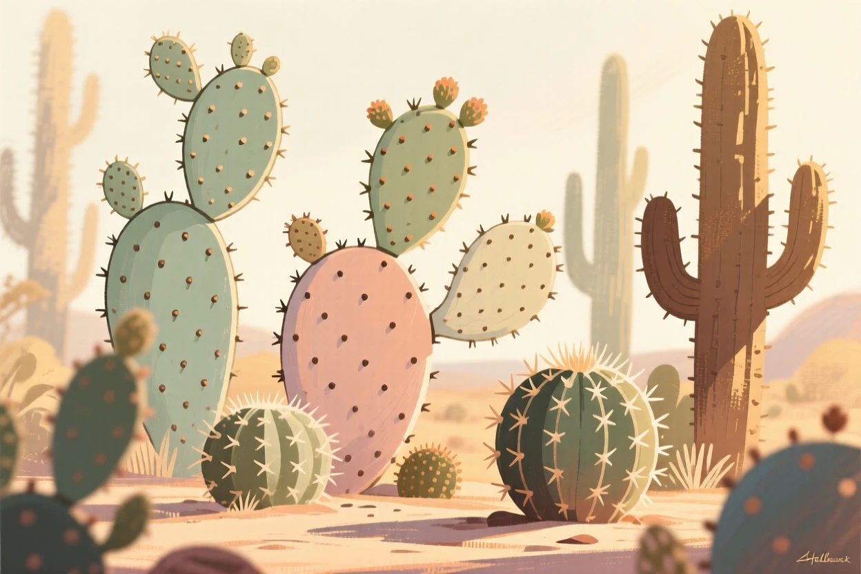 A study of desert cacti showing their varied shapes and spines