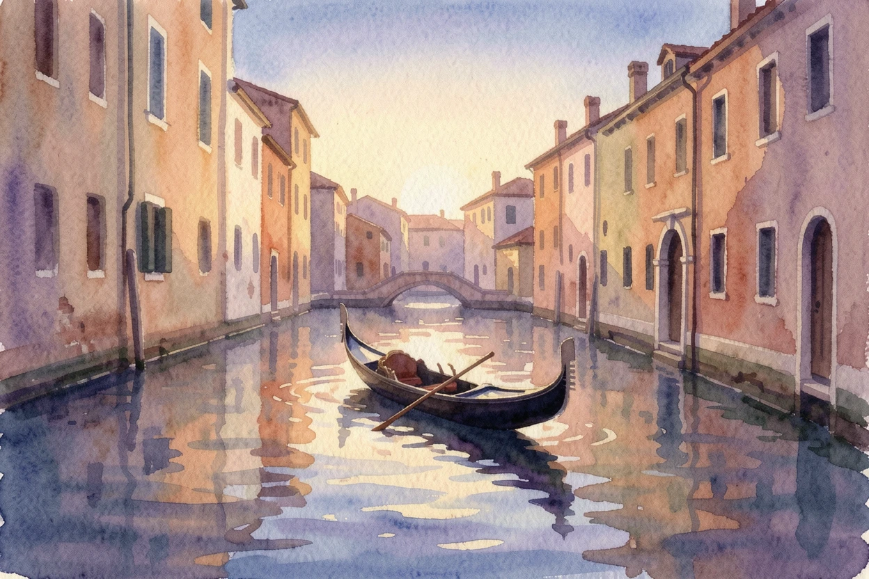 A gondola gliding through a quiet canal at dusk during golden hour.