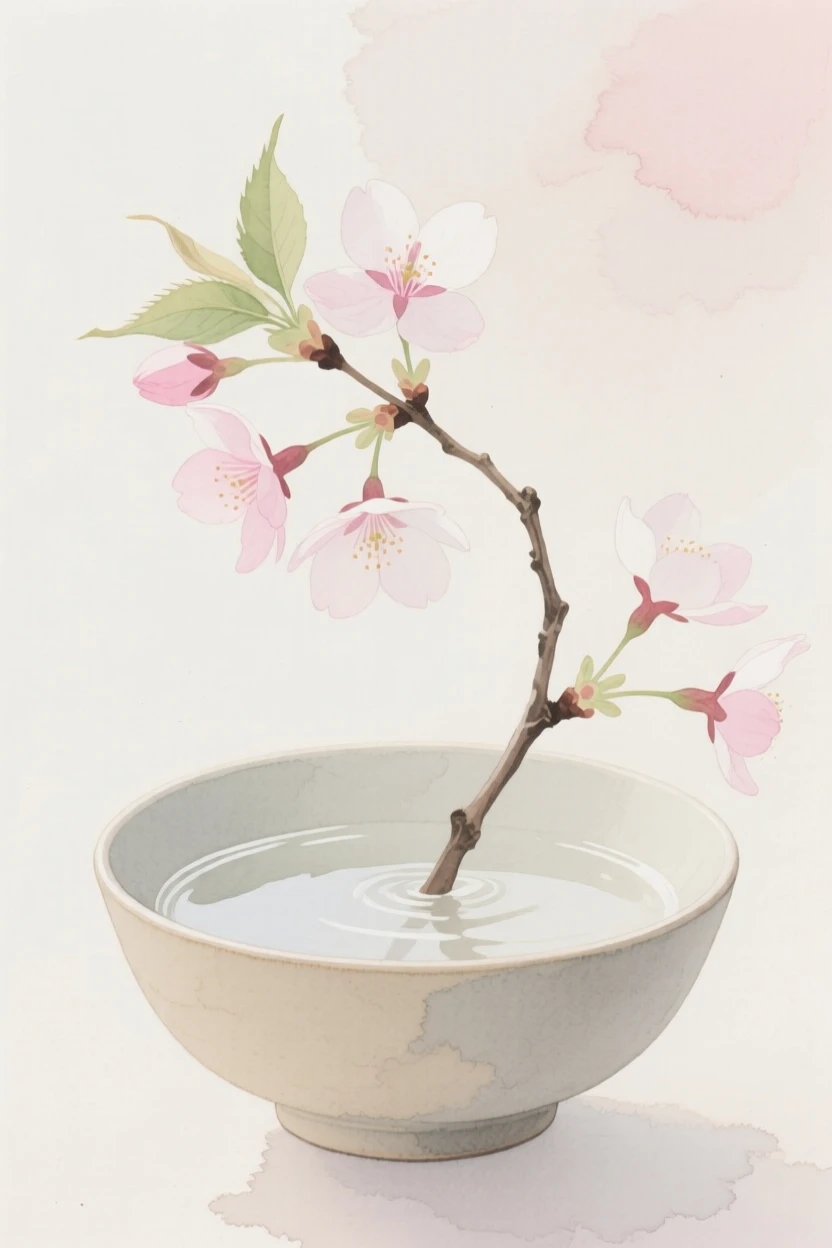 A single stem of cherry blossoms arches gracefully over a low bowl of still water in a minimalist composition