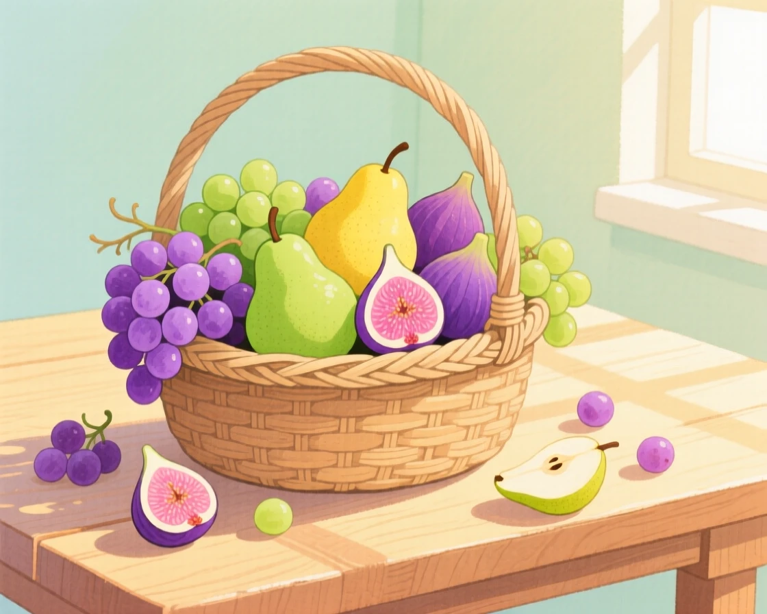 A fruit basket bursting with grapes, pears, and figs, arranged invitingly on a sunny table.