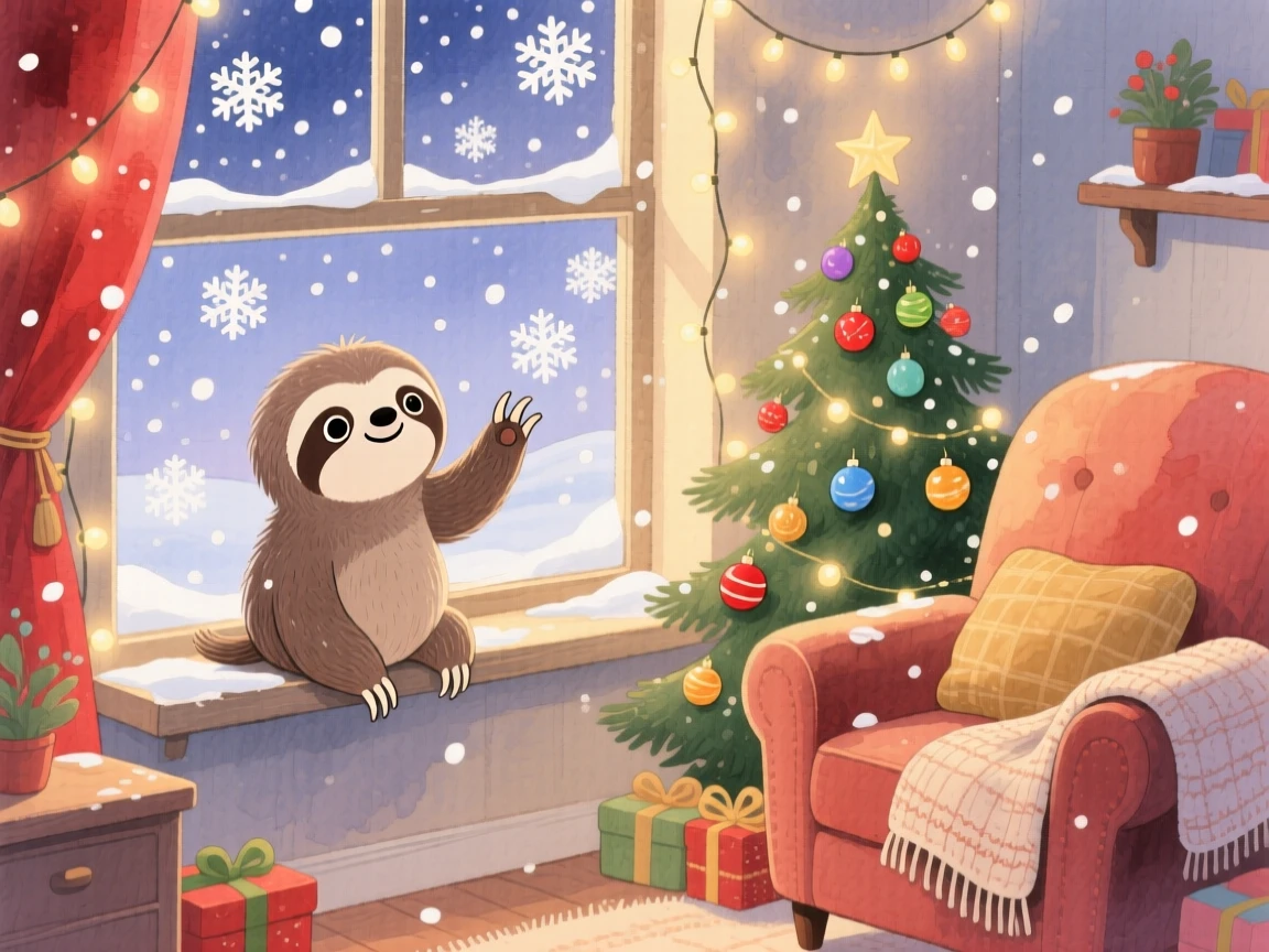 A baby sloth watching snowflakes fall for the first time, set in a snug living room decorated for the holidays, evoking warmth and gentle affection.