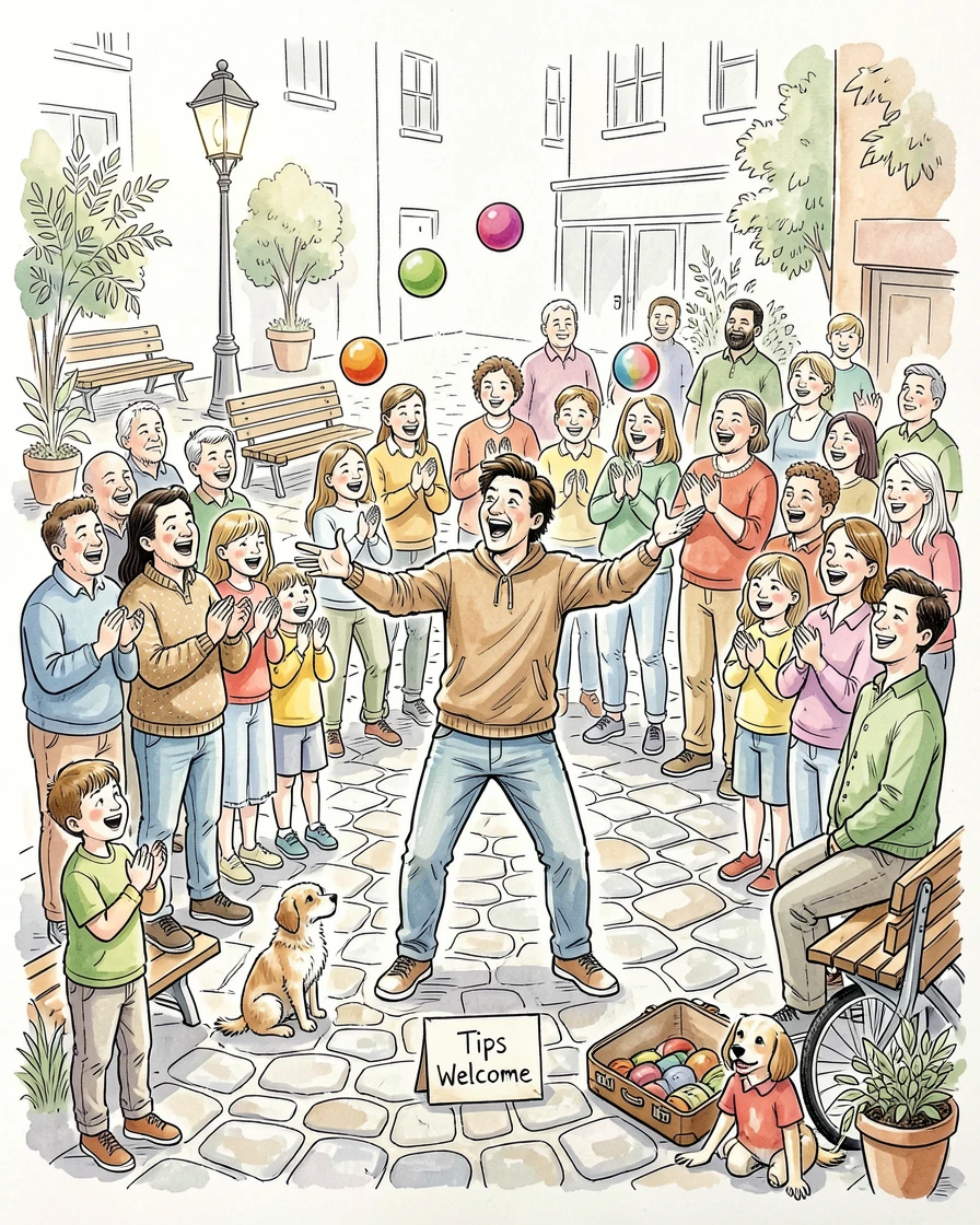 A street performer juggling for a delighted crowd in a busy plaza, the scene full of small, comforting details.