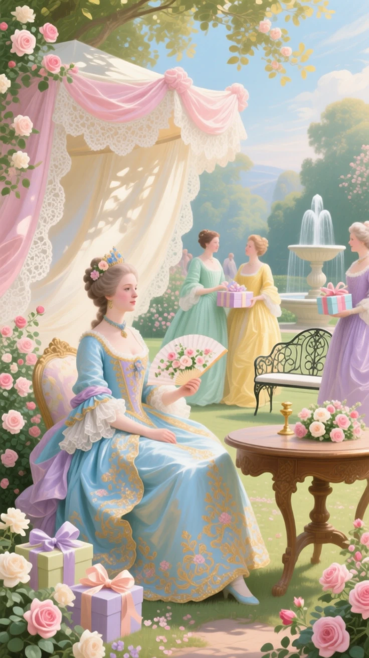 A queen seated beneath a canopy as guests bring gifts during a summer fête  