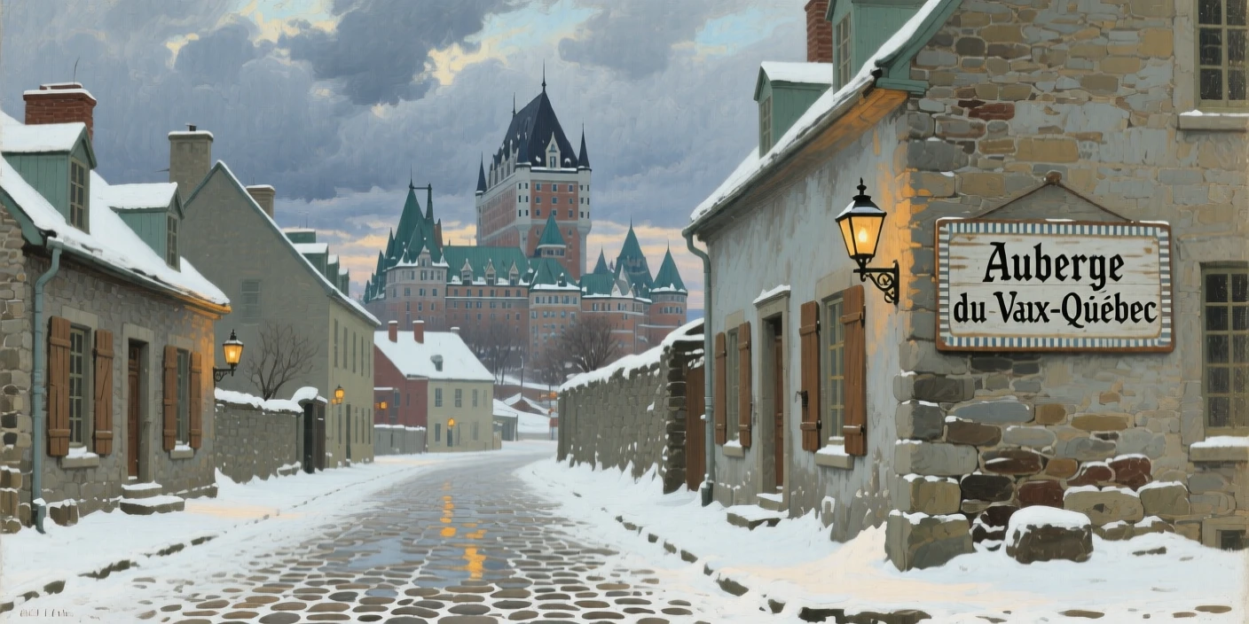 A quiet cobblestone street in old Quebec City dusted with fresh snow, as a dramatic sky adds depth and atmosphere to the skyline, offering a striking, postcard-worthy view of an iconic destination