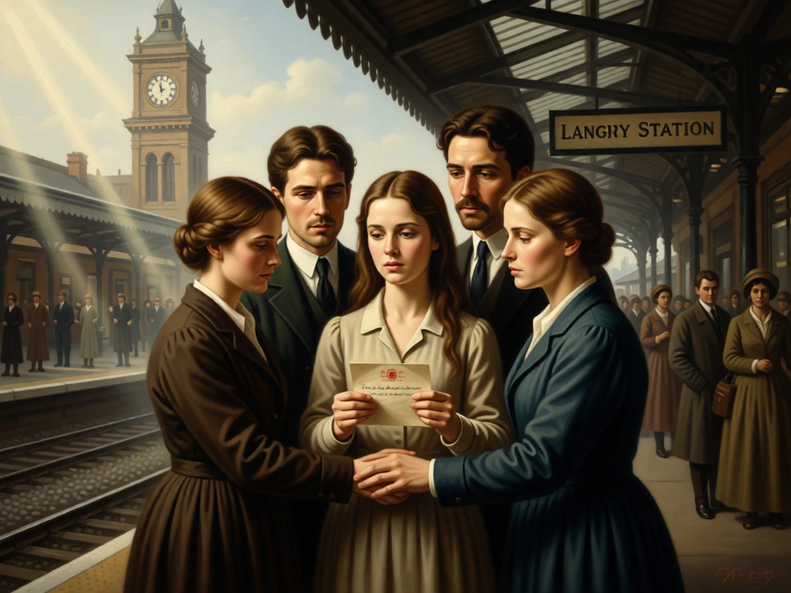 A daughter reading a final letter from her departed father just as relief washes over every face, set at a crowded railway platform beneath a clock tower, with distant figures watching quietly from a respectful distance; diagonal light spills across the reunited figures, isolating them from the crowd, overflowing with tenderness, relief, and quiet triumph.