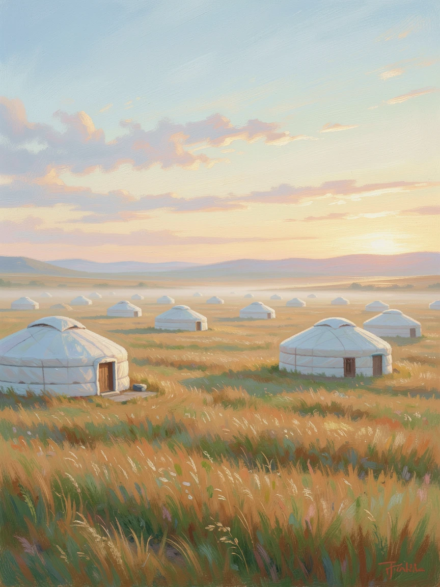 A traditional Mongolian steppe camp with round white gers scattered across an endless golden grassland, in the gentle hush of early morning, inspiring awe at the beauty of the scene.