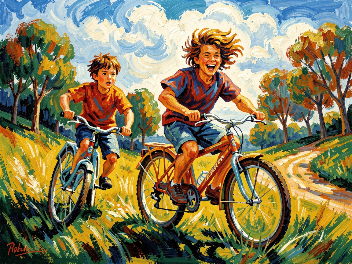 Siblings racing bicycles down a hill, one slightly ahead and laughing over their shoulder.