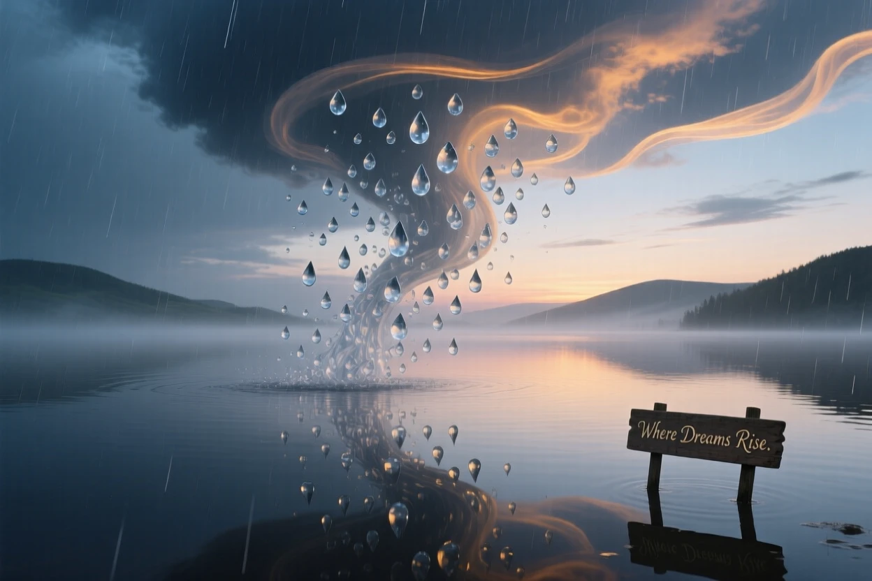 A rainstorm falling upward from a still, quiet lake moves slowly across a horizon streaked with fading light, as distant hills fade slowly into soft grey mist.