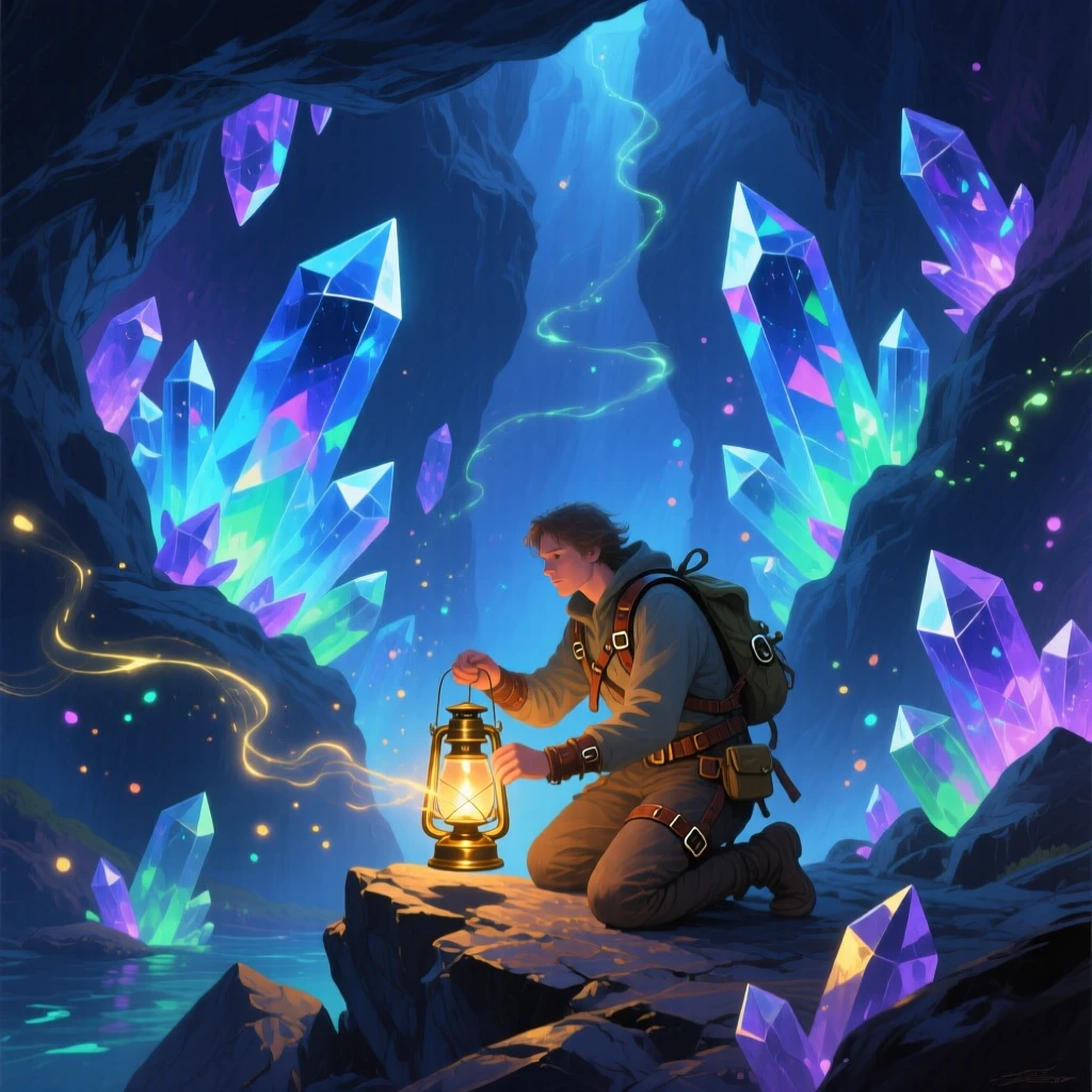 A crystal cave glows with bioluminescent formations, an explorer's lantern illuminating countless facets reflecting light in every direction, faint traces of light or energy drifting through the air to heighten the sense of magic.