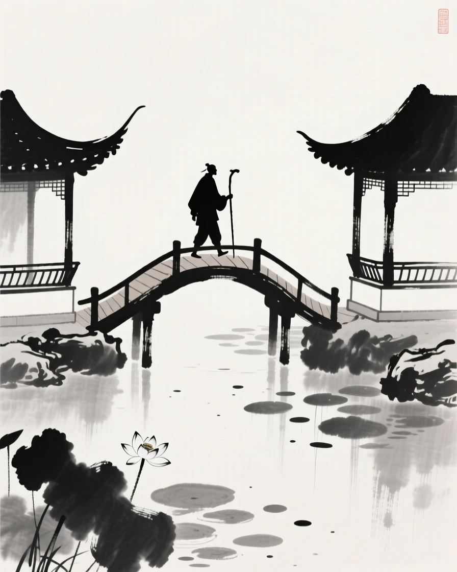 A curved bridge connects two garden pavilions across a lily pond, as a lone traveler crosses with a walking staff in hand.