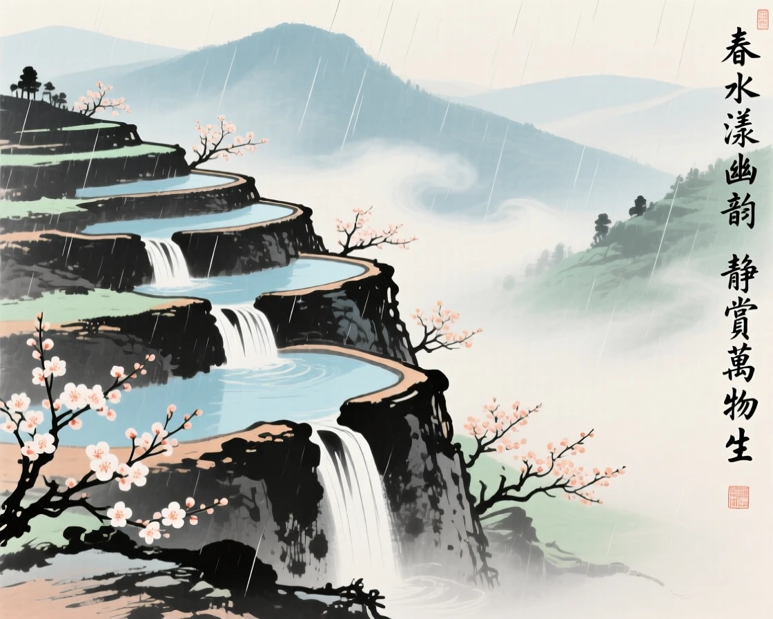 A series of terraced pools cascading down a hillside, where mist curls upward from the valley floor, as spring blossoms unfold, through a curtain of fine rain.