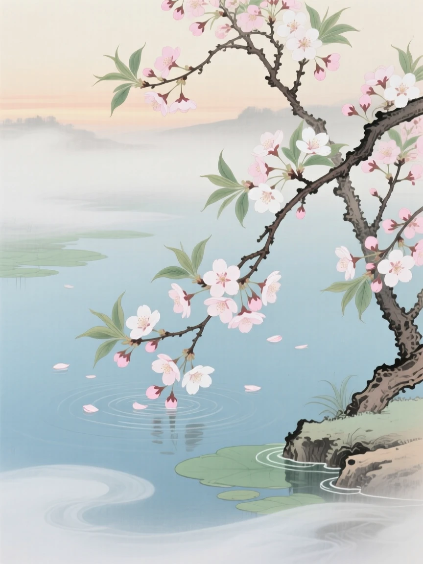Cherry blossoms drifting onto a still pond with morning mist rising around the stems