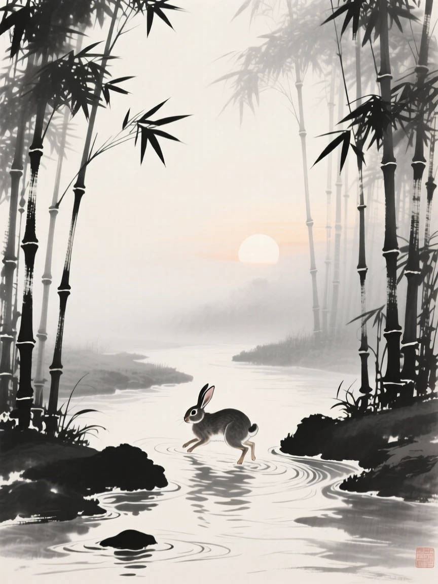 A rabbit crossing a shallow stream at first light through a bamboo thicket, viewed through a gentle veil of morning mist, evoking the gentle rhythm of the natural world.
