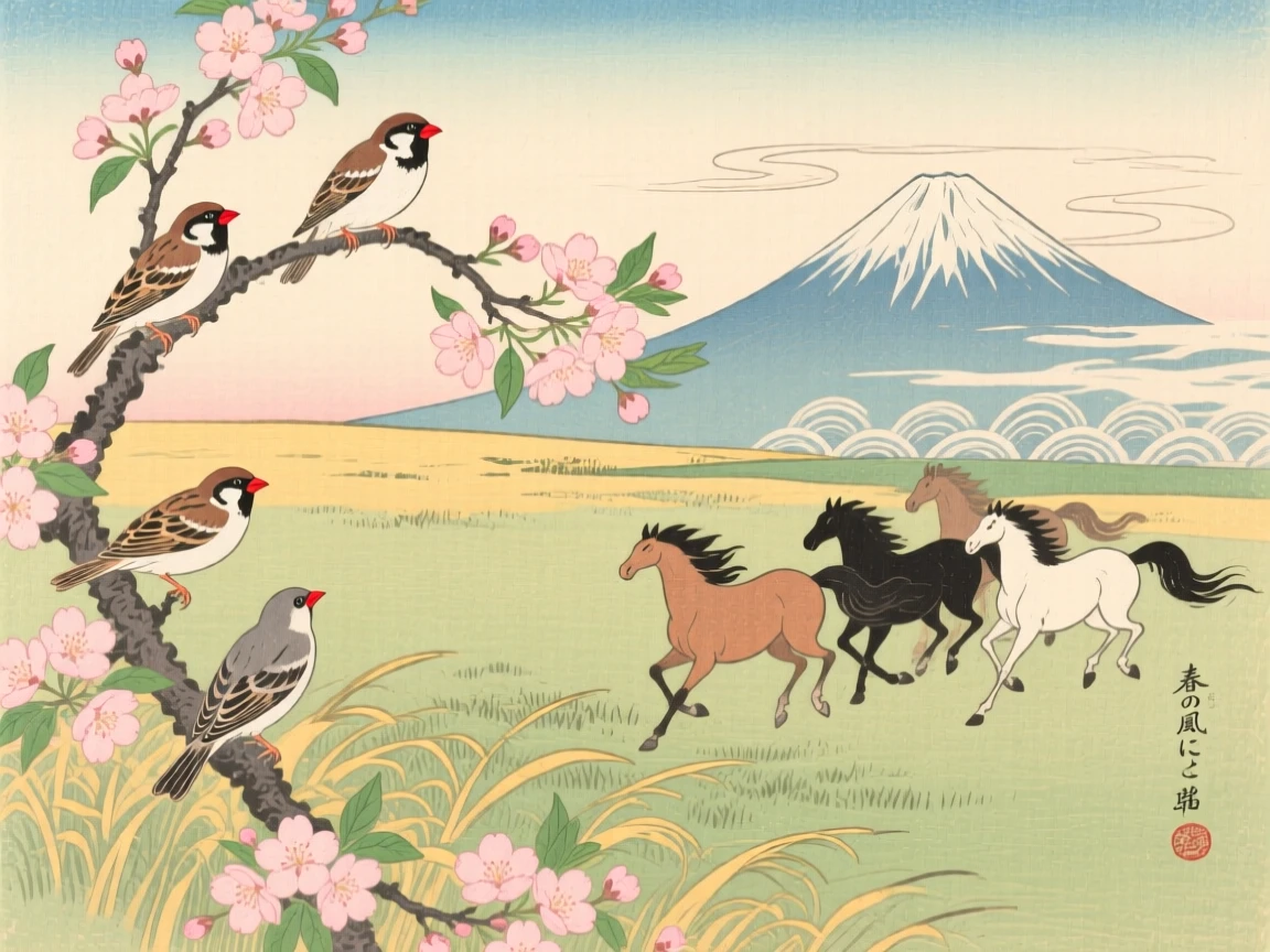 Sparrows on a branch galloping across an open grassy plain.