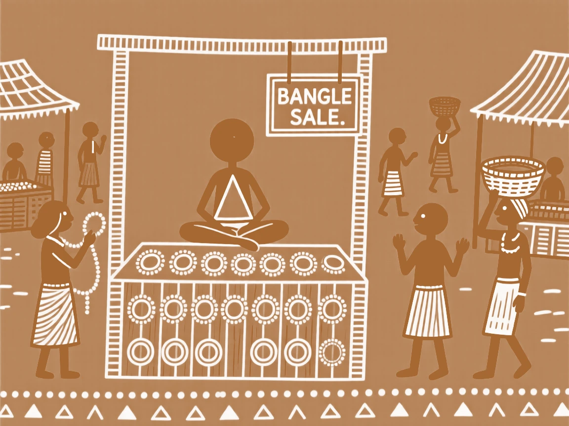 A bangle seller selling goods at a bustling village market.