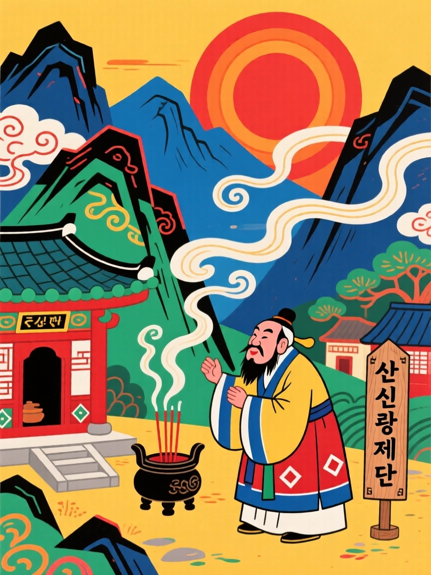 A village shaman offering incense at a hidden mountain shrine, as the sun sets behind distant peaks.