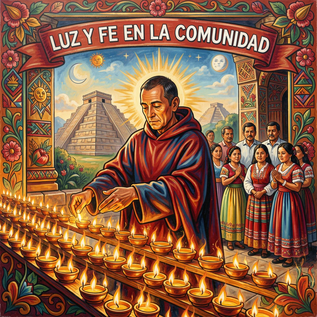A monk lighting rows of butter lamps in a quiet temple