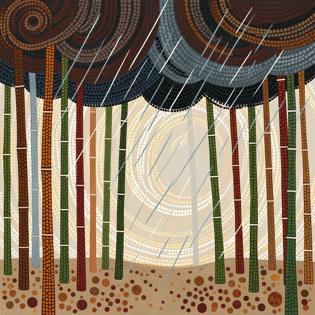 A misty bamboo forest during a dramatic storm