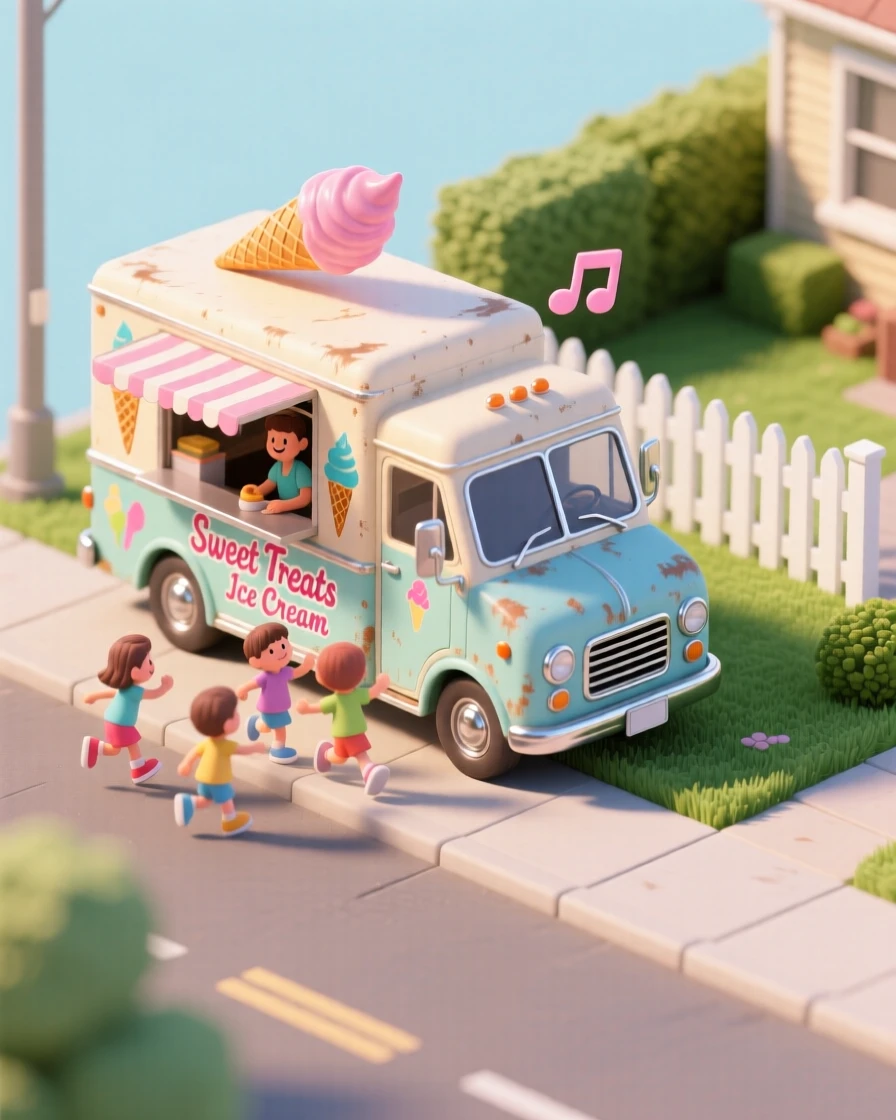 A vintage ice cream truck parked in a suburban neighborhood, its jingle echoing, children running across lawns to meet it.