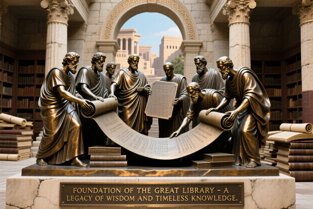 A great library being founded in an ancient city, with a strong sense of narrative and history, evoking legend and timeless drama