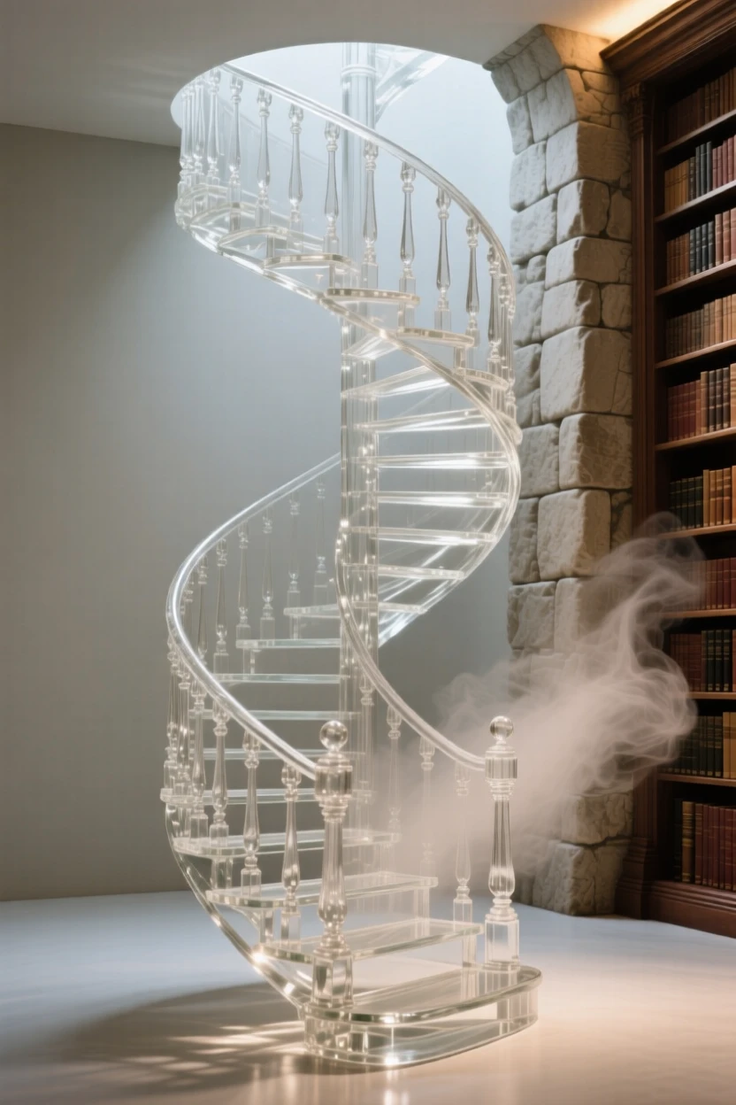 A grand staircase spiraling upward inside an old library while a light mist settles gently over the old stone walls