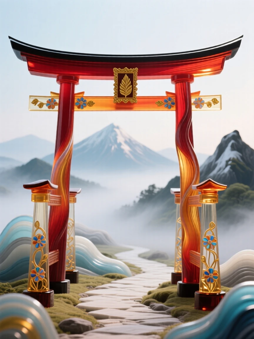 A traditional Japanese torii gate framing a misty mountain path, serene and sacred.