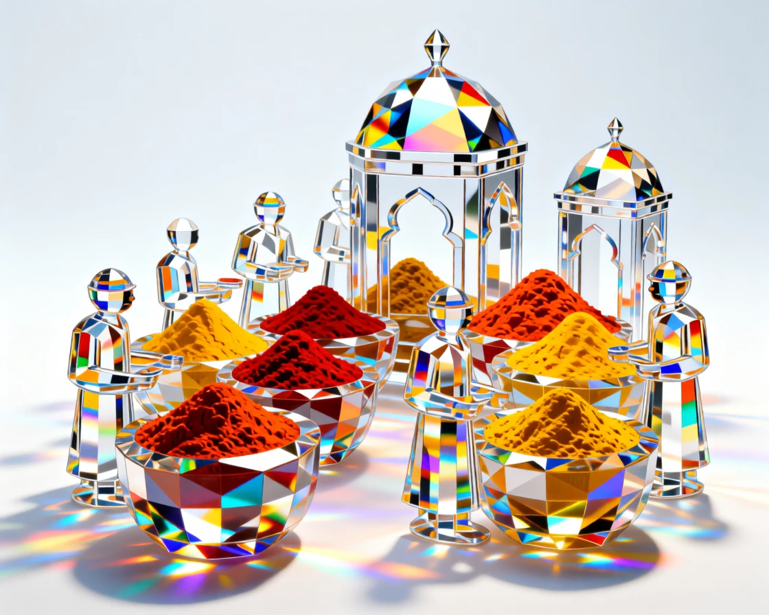 A Moroccan spice market bursting with colorful piles of saffron, paprika, and turmeric.