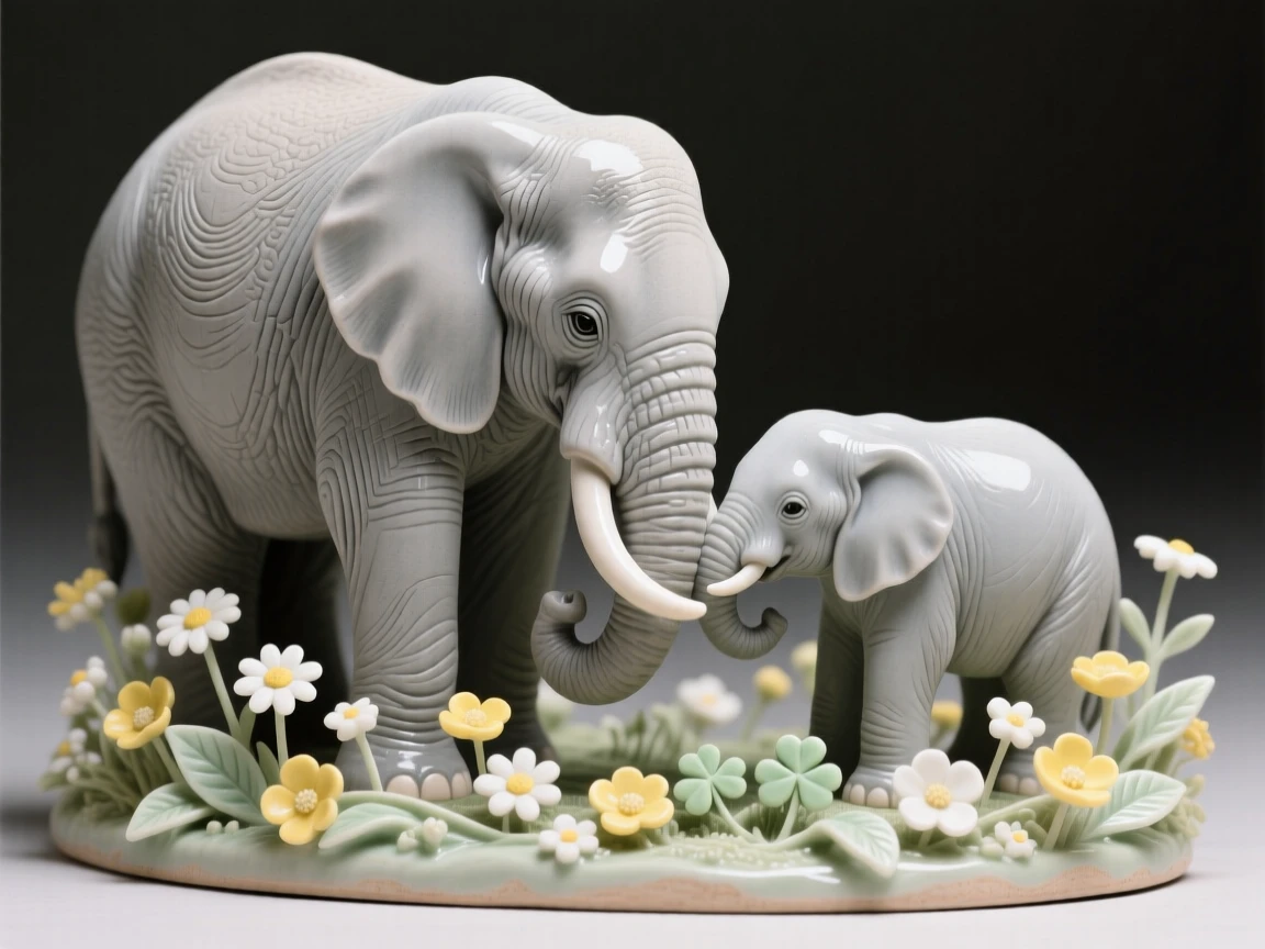 A mother elephant and calf nuzzling gently against its companion, surrounded by wildflowers in soft bloom, offering a serene glimpse into nature's stillness.