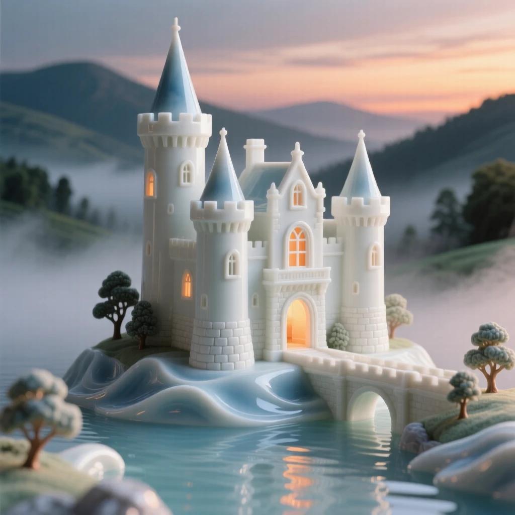 A moated castle rising above a misty valley, glowing warmly from within at dusk.