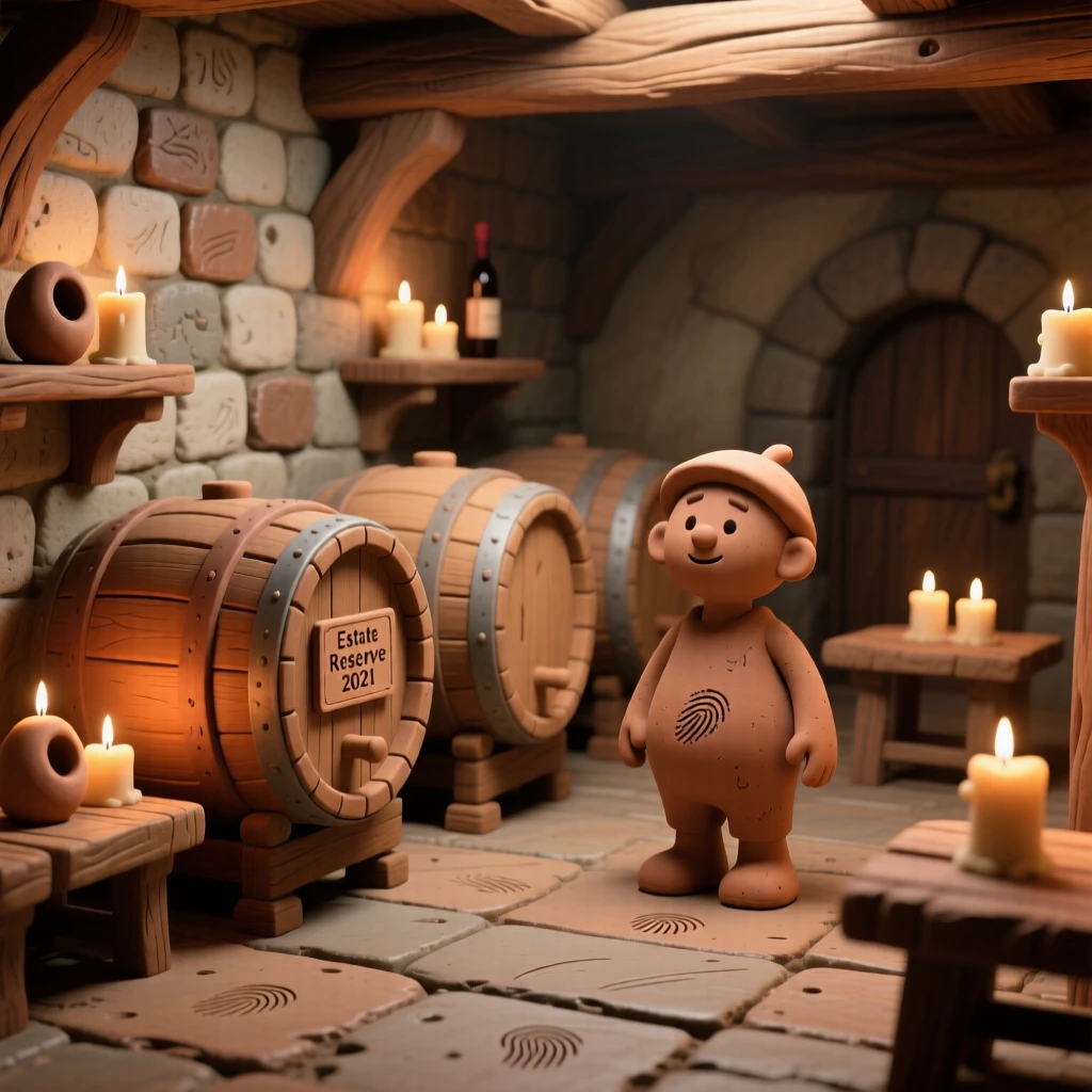 A rustic wine cellar lined with wooden barrels and candlelight