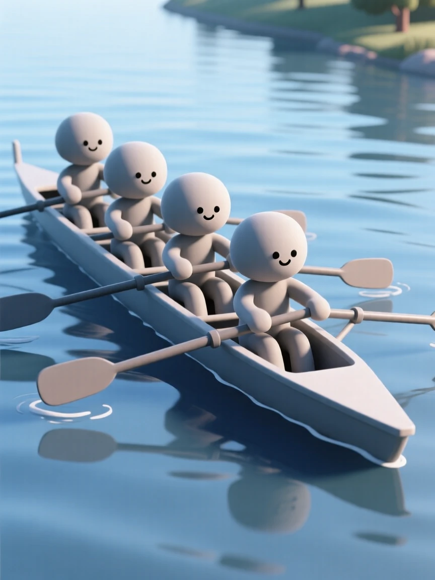 A rowing team pulls together in perfect rhythm, oars slicing through a calm morning river.